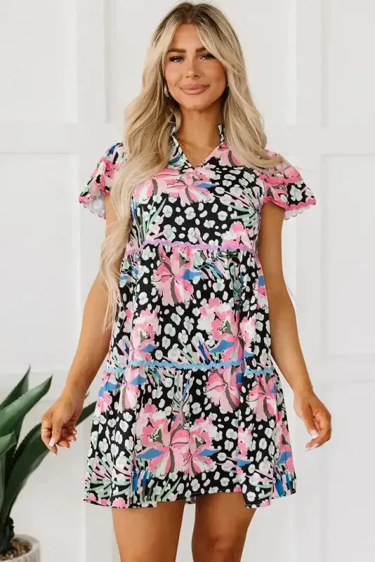 Pink Leopard Floral Print Wavy Embellished Mini Dress - Fashionfitz