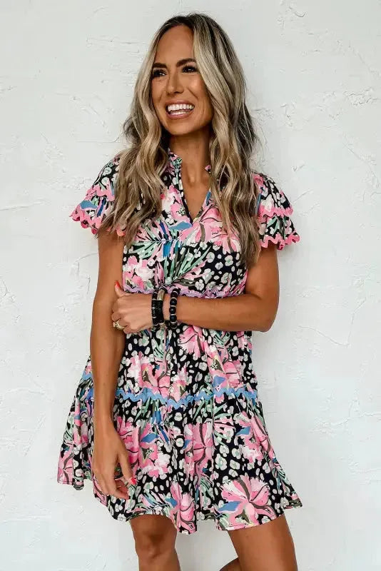 Pink Leopard Floral Print Wavy Embellished Mini Dress - Fashionfitz