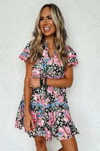 Pink Leopard Floral Print Wavy Embellished Mini Dress - Fashionfitz