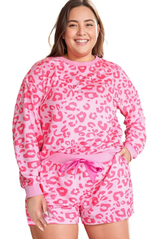 Pink leopard long sleeve satin tie shorts two piece set - loungewear