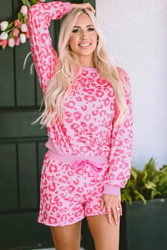 Pink leopard long sleeve satin tie shorts two piece set - loungewear