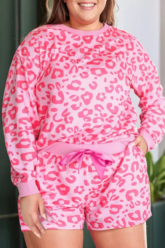 Pink leopard long sleeve satin tie shorts two piece set - loungewear