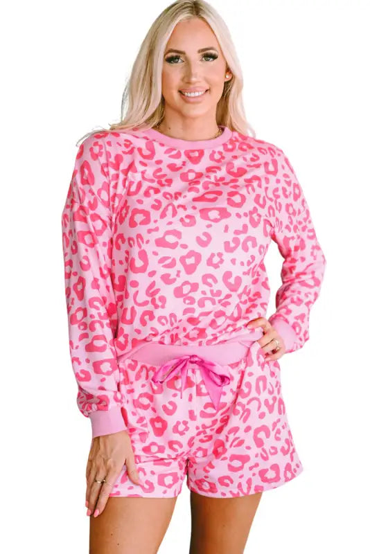 Pink leopard long sleeve satin tie shorts two piece set - loungewear