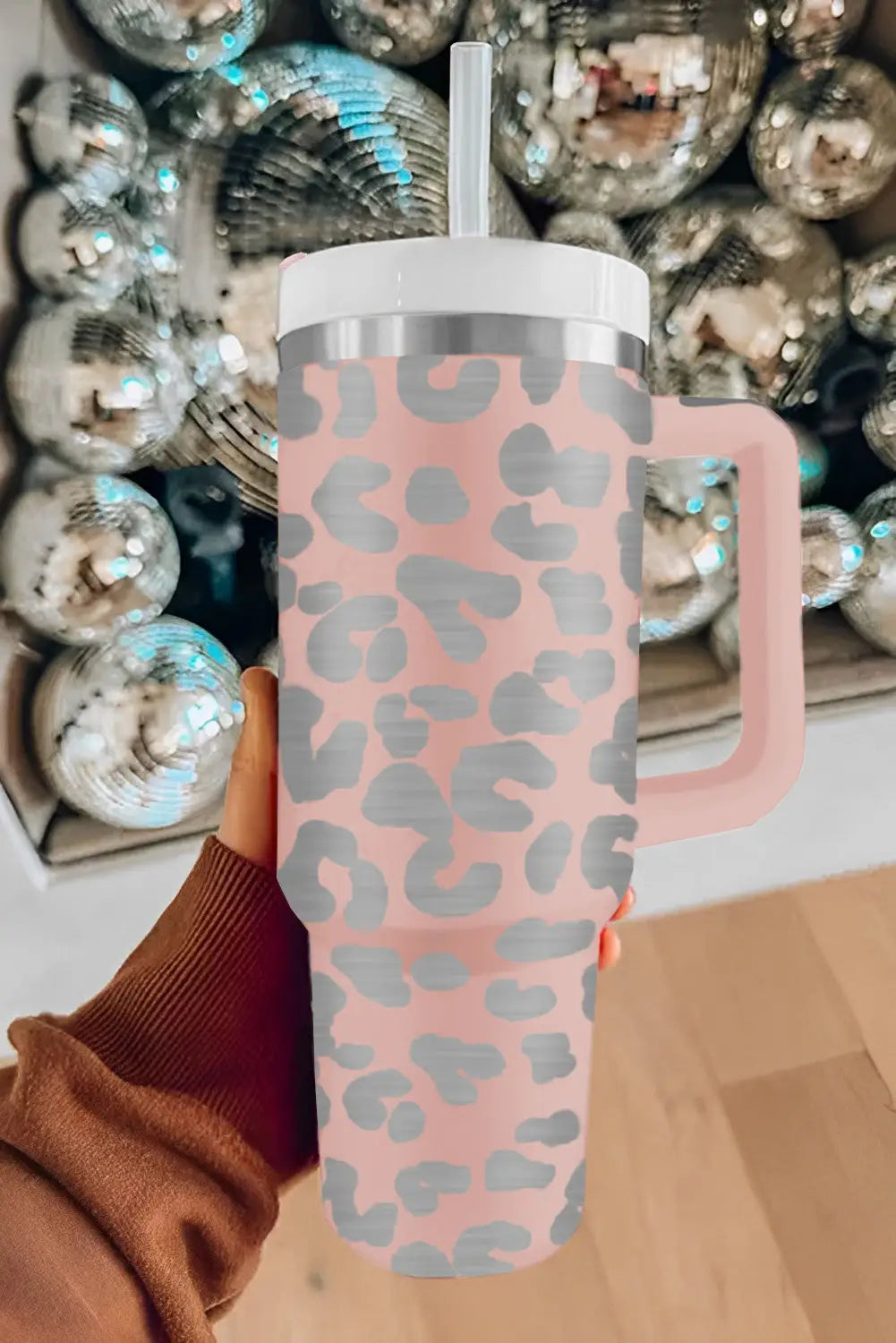 Pink leopard print 40oz stainless steel portable cup with handle - one size / steel - tumblers