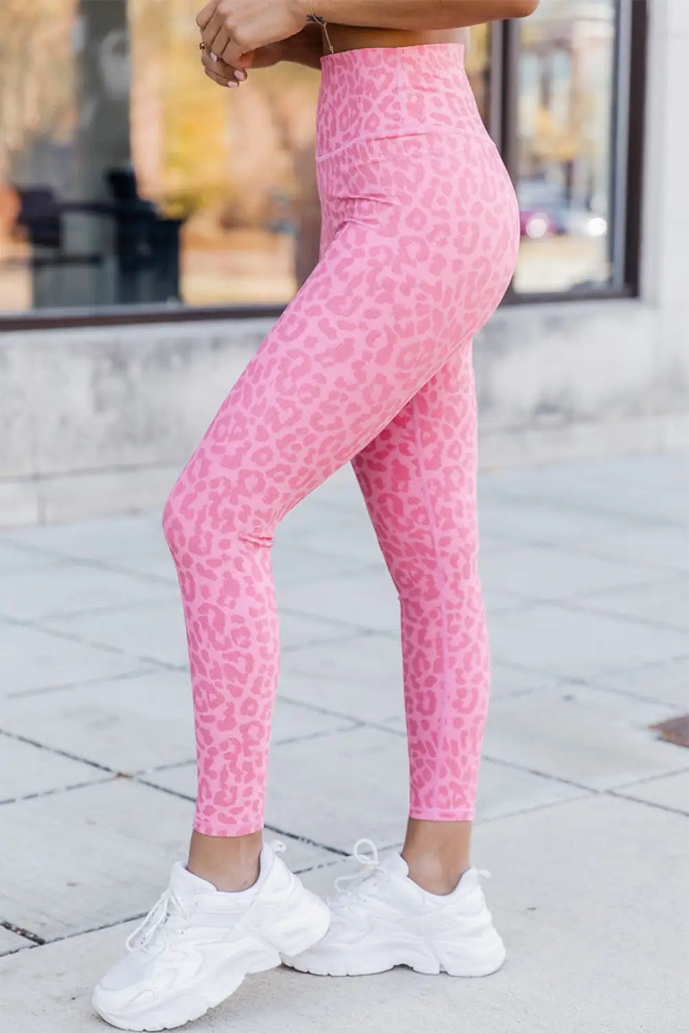Pink leopard print ankle-length high waist leggings
