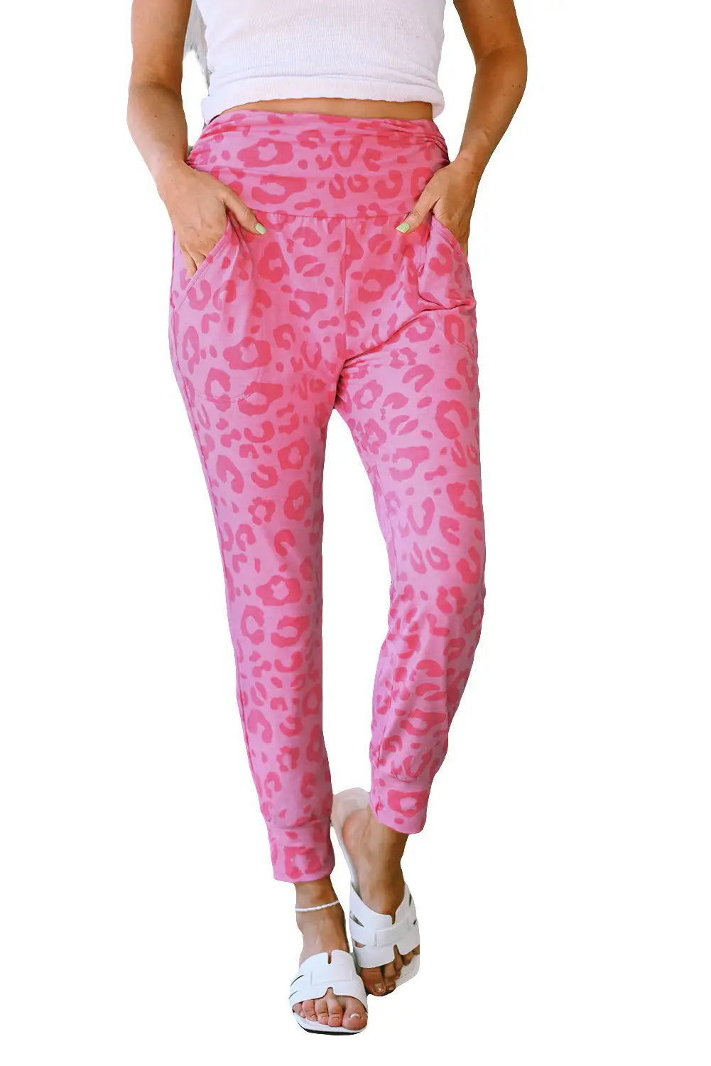 Pink leopard print ankle-length high waist skinny pants - leggings