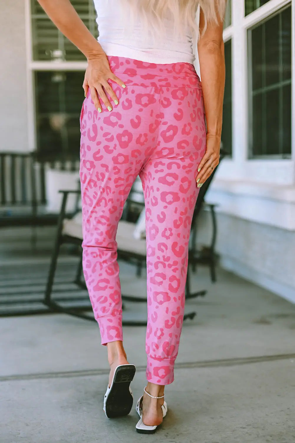 Pink leopard print ankle-length high waist skinny pants - leggings
