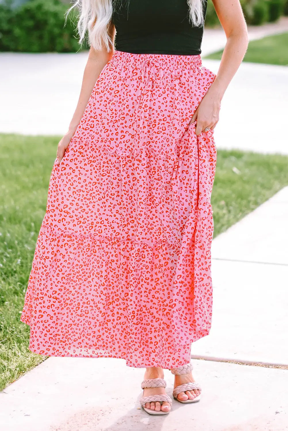 Pink leopard print frilled drawstring high waist maxi skirt - s / 100% polyester - skirts