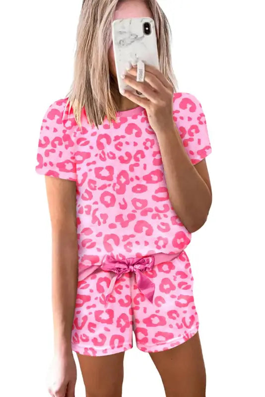 Pink leopard print shorts lounge set - pajama sets