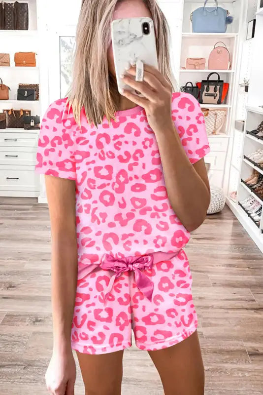 Pink leopard print shorts lounge set - pajama sets