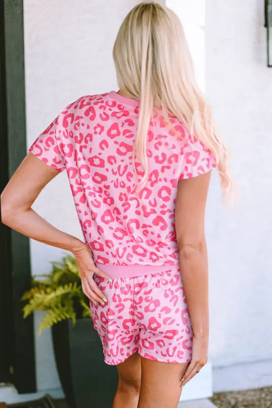 Pink leopard print shorts lounge set - pajama sets