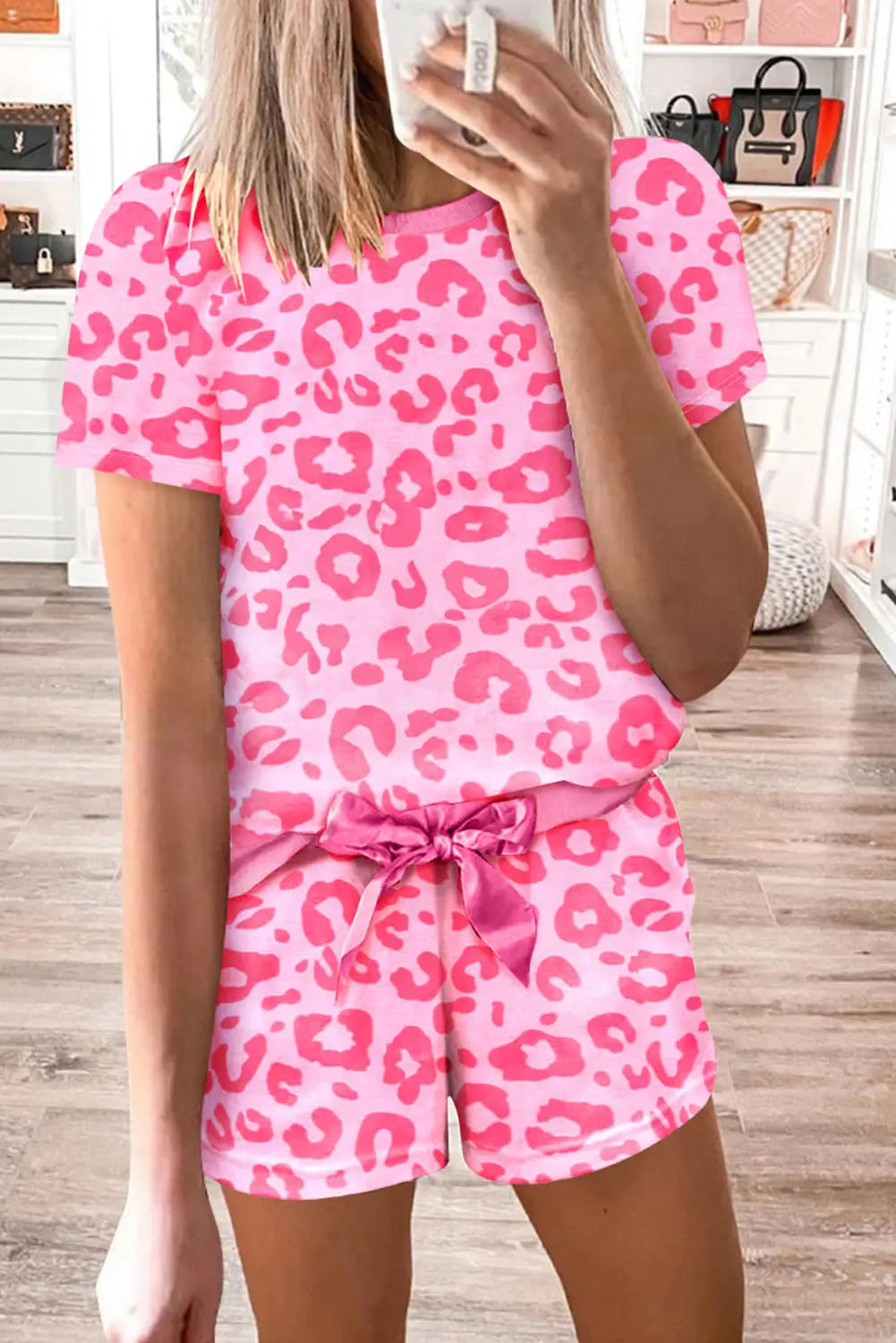 Pink leopard print shorts lounge set - pajama sets