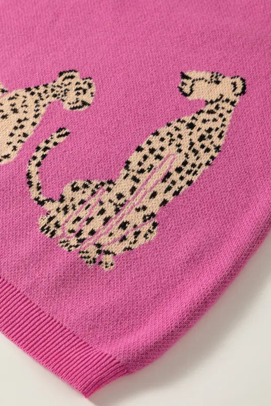 Pink leopard ruffled sleeve round neck knit sweater - tops