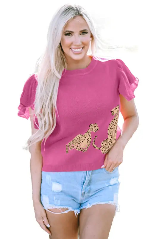 Pink leopard ruffled sleeve round neck knit sweater - tops