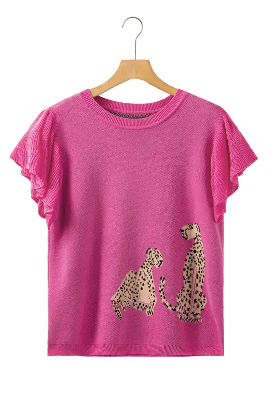 Pink leopard ruffled sleeve round neck knit sweater - tops