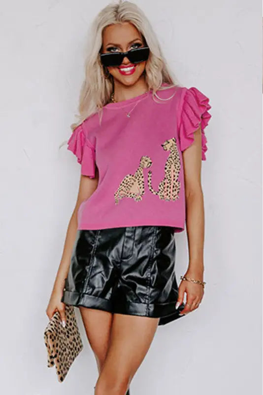 Pink leopard ruffled sleeve round neck knit sweater - tops