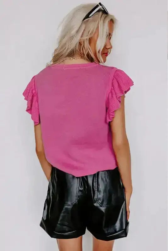 Pink Leopard Ruffled Sleeve Knit Sweater - Fashionfitz