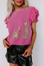 Pink Leopard Ruffled Sleeve Knit Sweater - Fashionfitz
