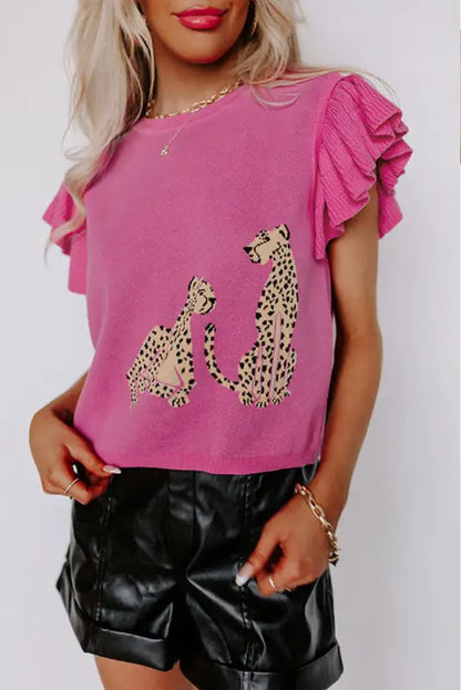 Pink leopard ruffled sleeve round neck knit sweater - s / 100% polyamide - tops