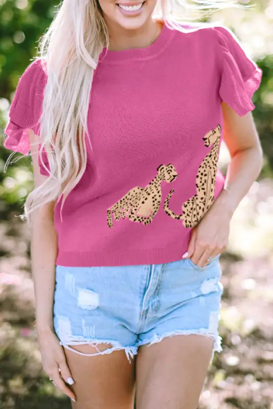 Pink leopard ruffled sleeve round neck knit sweater - tops