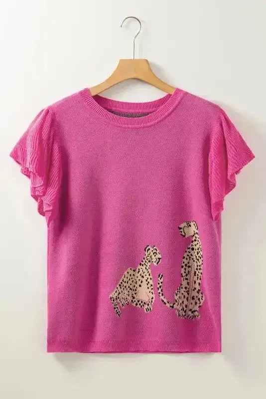 Pink Leopard Ruffled Sleeve Knit Sweater - Fashionfitz