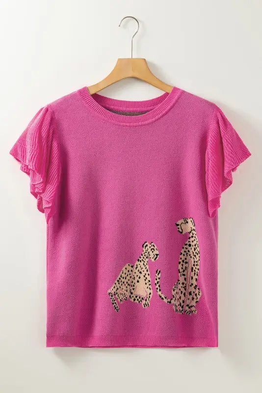 Pink leopard ruffled sleeve round neck knit sweater - tops