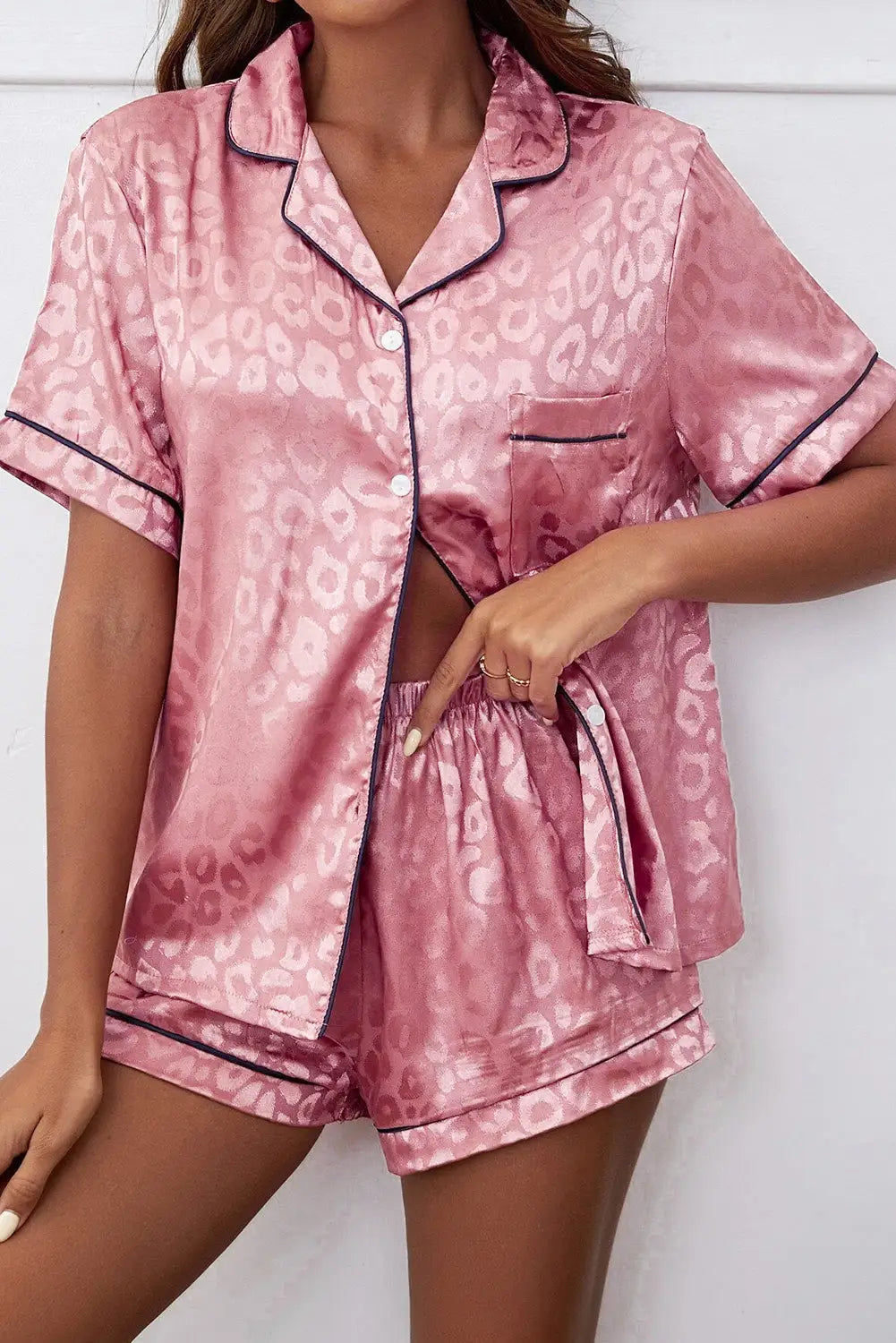 Pink leopard satin 2pcs short pajama set - s / 80% nylon + 20% spandex - loungewear & sleepwear/sleepwear