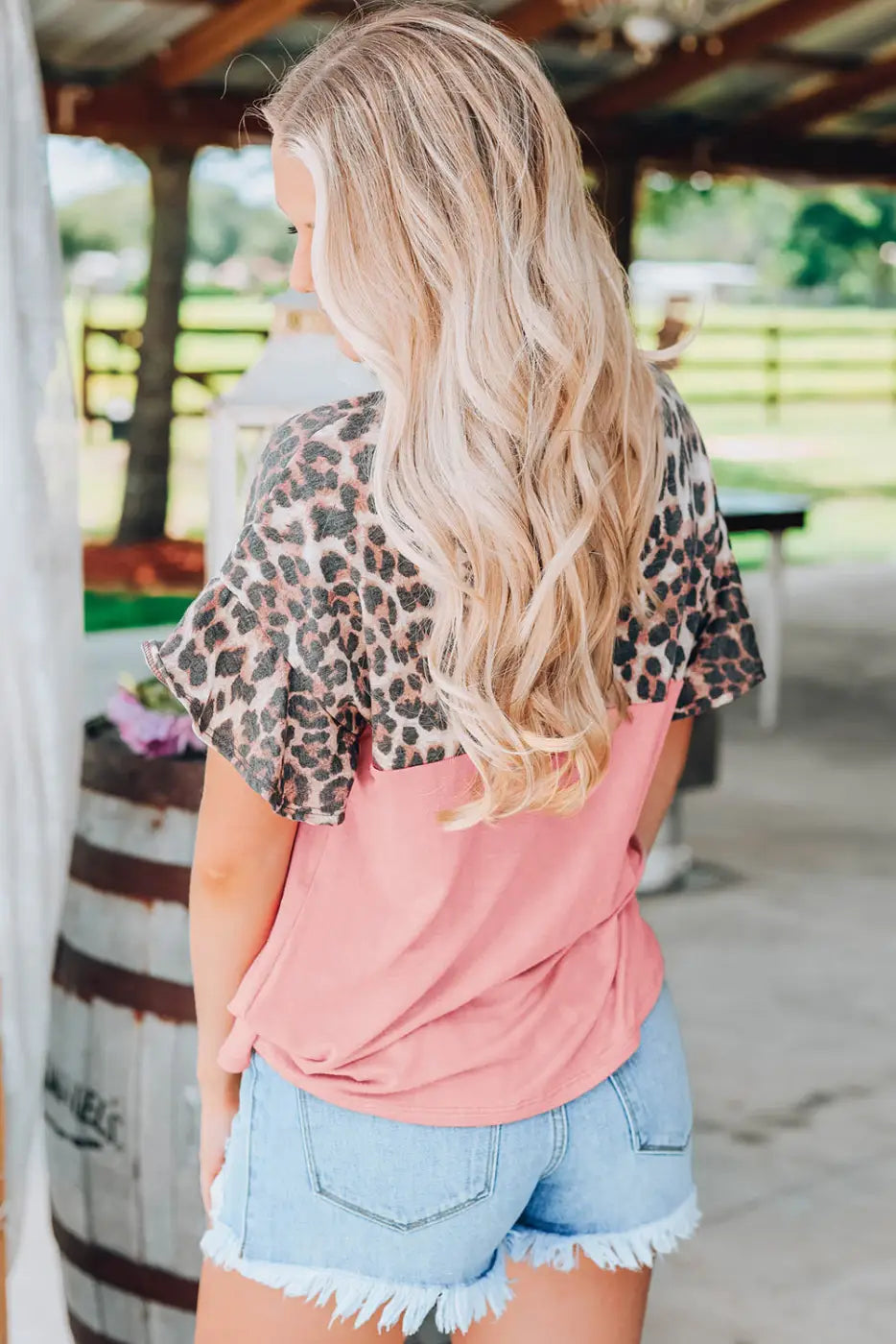 Pink leopard sequin patchwork top - t-shirts