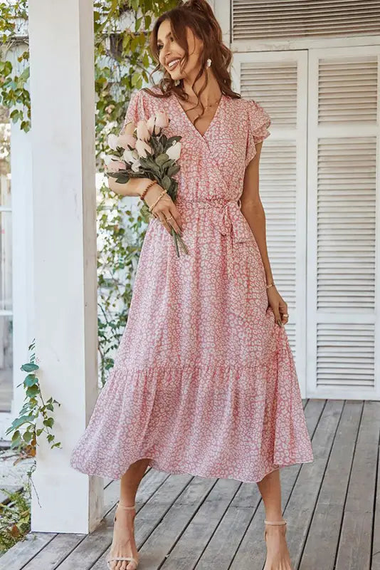 Pink leopard surplice ruffled sleeve tiered long dress - maxi dresses