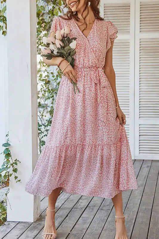 Pink leopard surplice ruffled sleeve tiered long dress - s / 100% polyester - maxi dresses