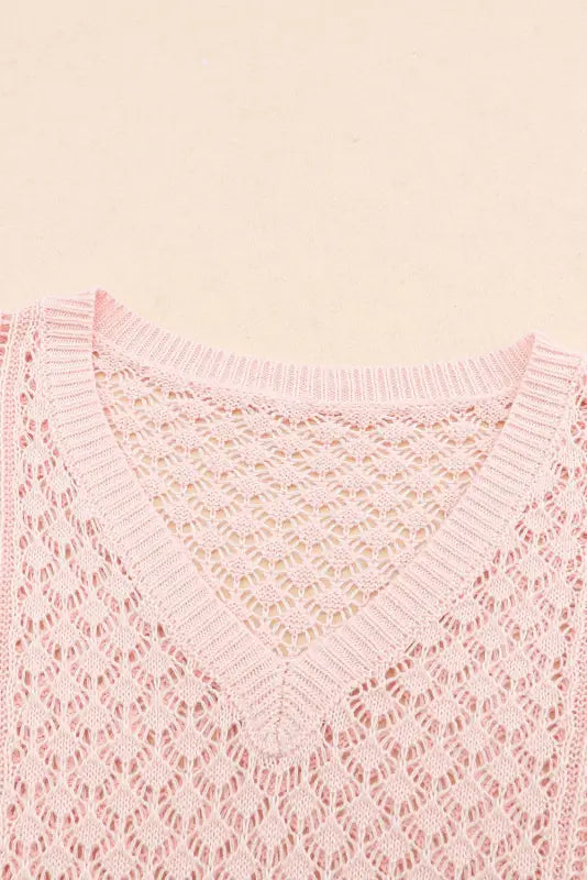 Pink loose pointelle knit ribbed v neck sweater - sweaters & cardigans