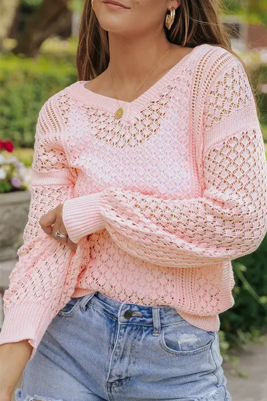 Pink loose pointelle knit ribbed v neck sweater - sweaters & cardigans