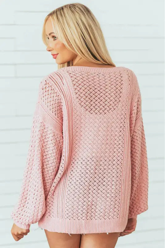 Pink loose pointelle knit ribbed v neck sweater - sweaters & cardigans