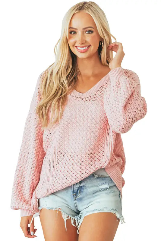 Pink loose pointelle knit ribbed v neck sweater - sweaters & cardigans