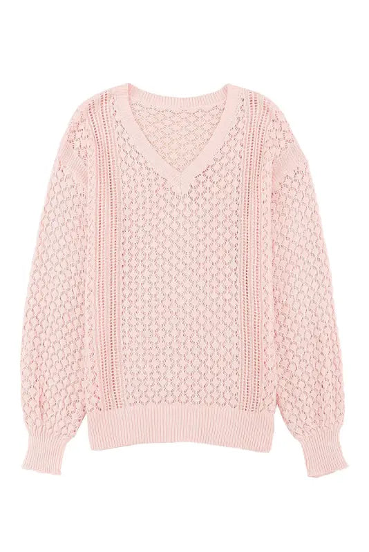 Pink loose pointelle knit ribbed v neck sweater - sweaters & cardigans