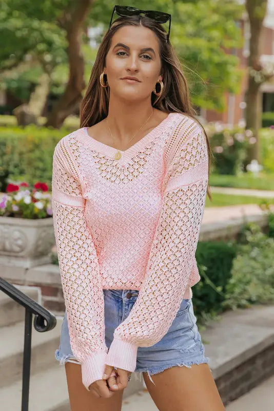 Pink loose pointelle knit ribbed v neck sweater - sweaters & cardigans