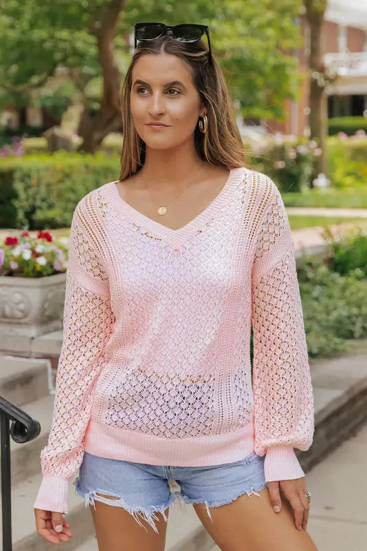 Pink loose pointelle knit ribbed v neck sweater - s / 55% acrylic + 45% cotton - sweaters & cardigans