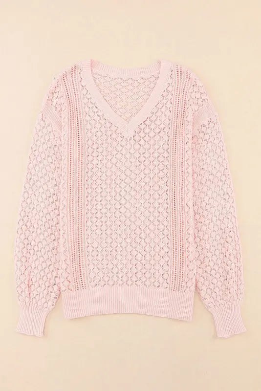 Pink loose pointelle knit ribbed v neck sweater - sweaters & cardigans