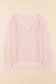 Pink loose pointelle knit ribbed v neck sweater - sweaters & cardigans