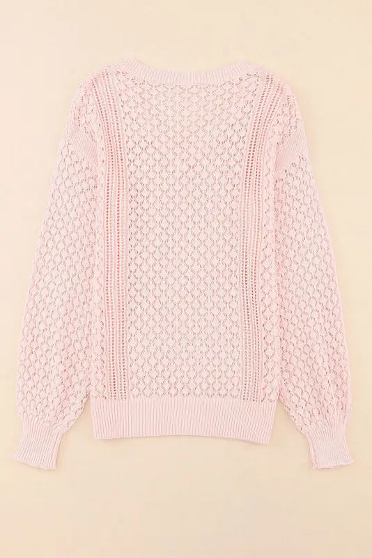 Pink loose pointelle knit ribbed v neck sweater - sweaters & cardigans