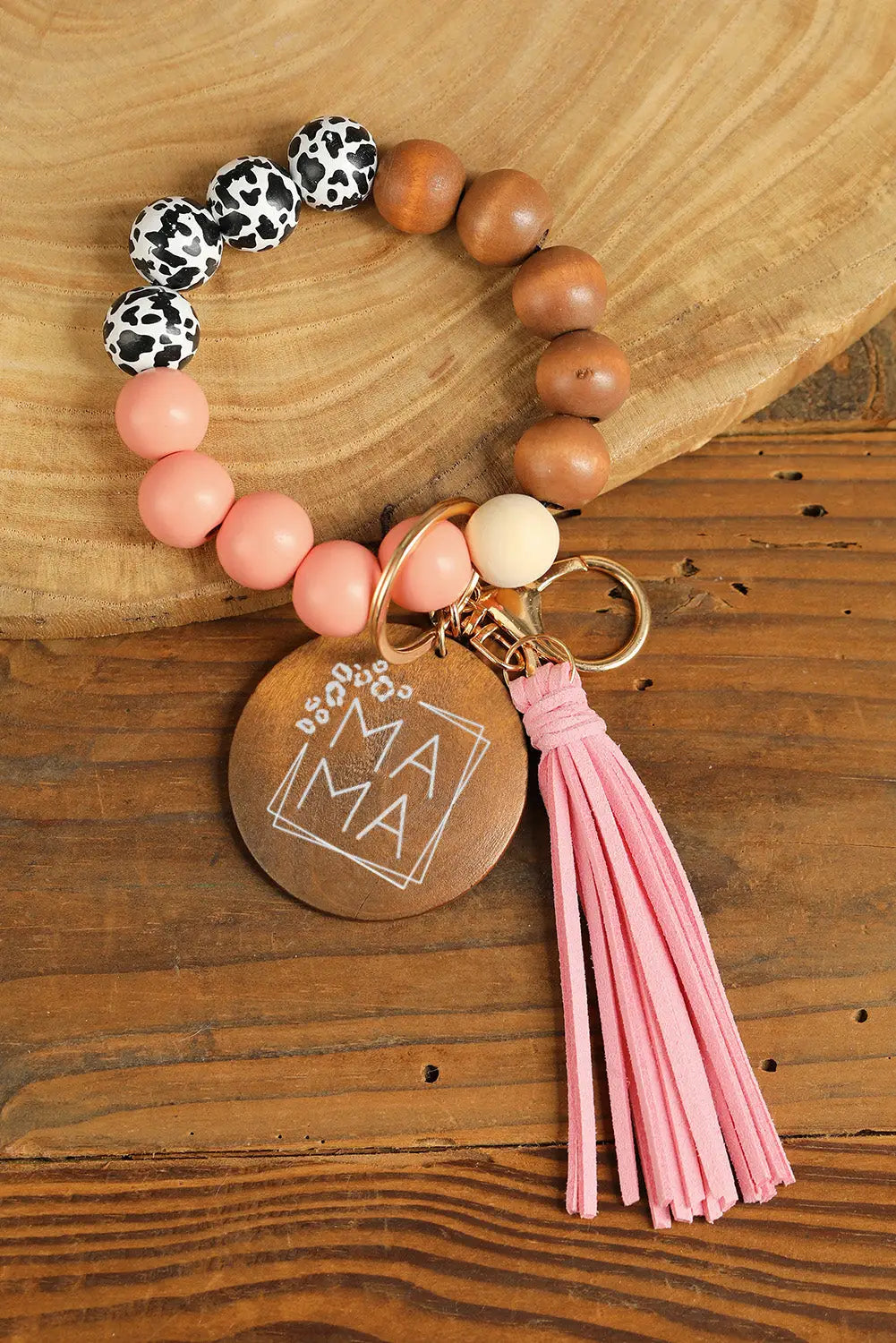 Pink mama wood pendant leopard fringe keychain - one size /