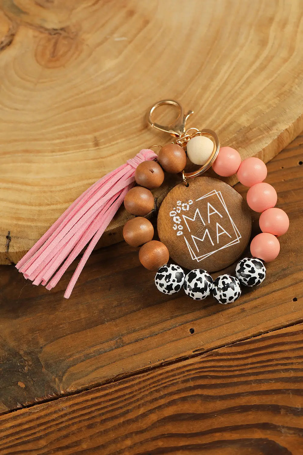 Pink mama wood pendant leopard fringe keychain - one size /