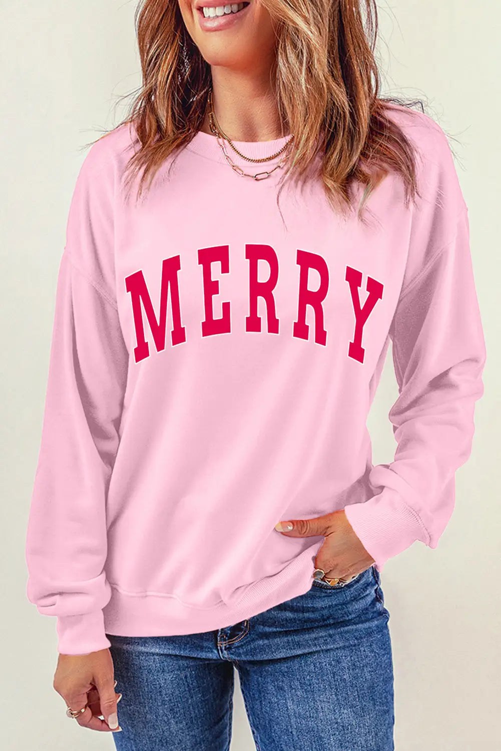 Pink merry alphabet print loose fit christmas sweatshirt - graphic sweatshirts