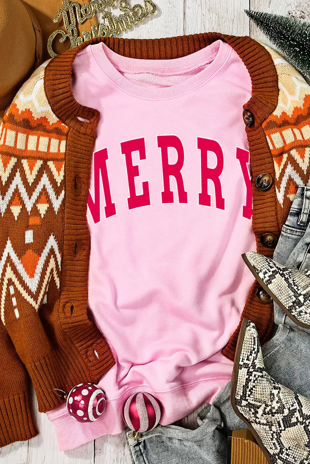 Pink merry alphabet print loose fit christmas sweatshirt - graphic sweatshirts