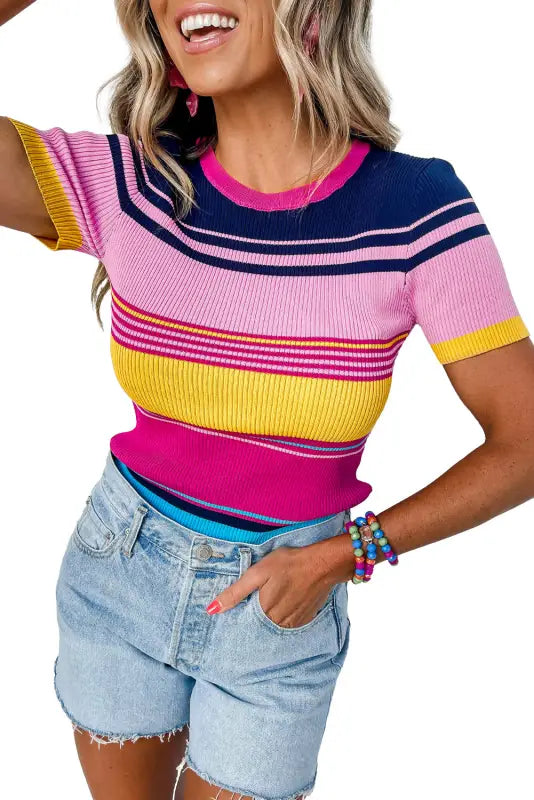 Pink mixed stripes ribbed knit top - sweaters & cardigans