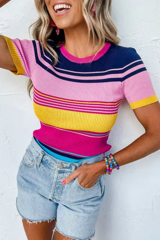 Pink mixed stripes ribbed knit top - l / 100% viscose - sweaters & cardigans