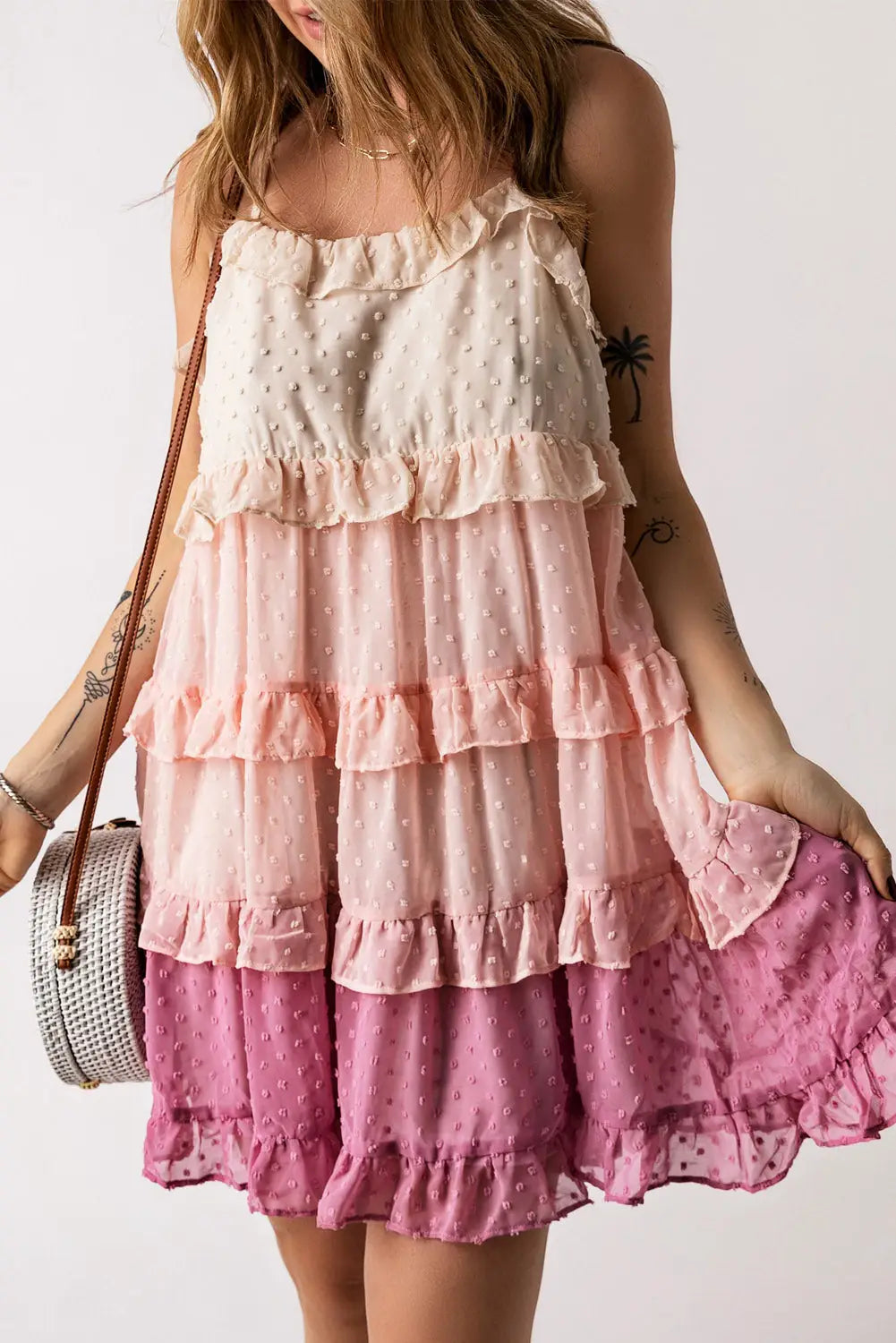 Pink ombre swiss dot ruffled tiered mini dress - s /