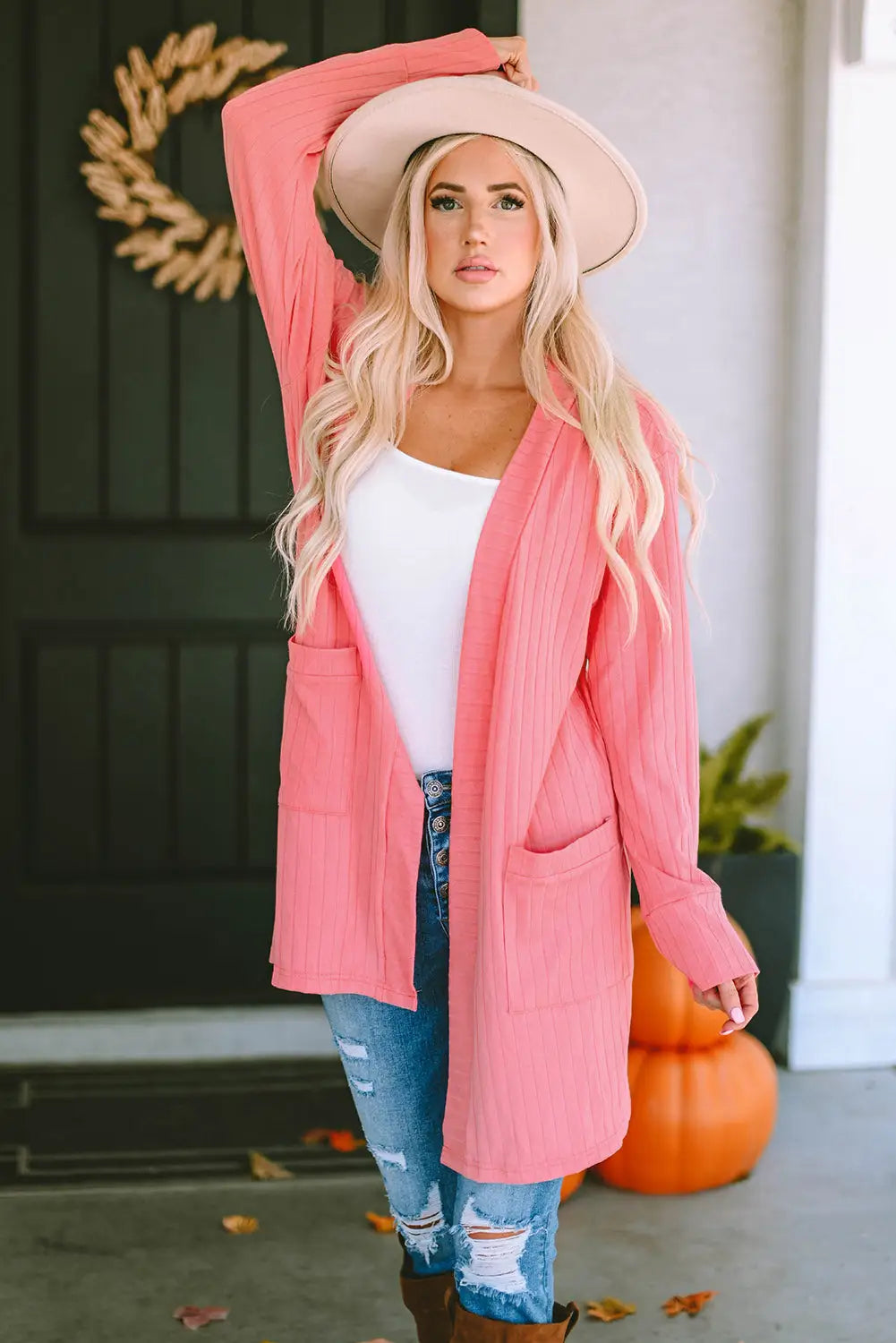 Pink open front pocketed knit cardigan - s /
