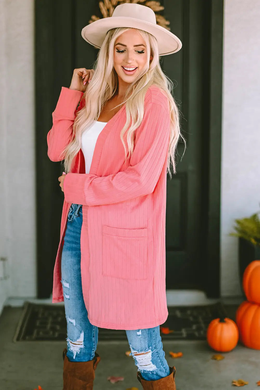 Pink open front pocketed knit cardigan - tops
