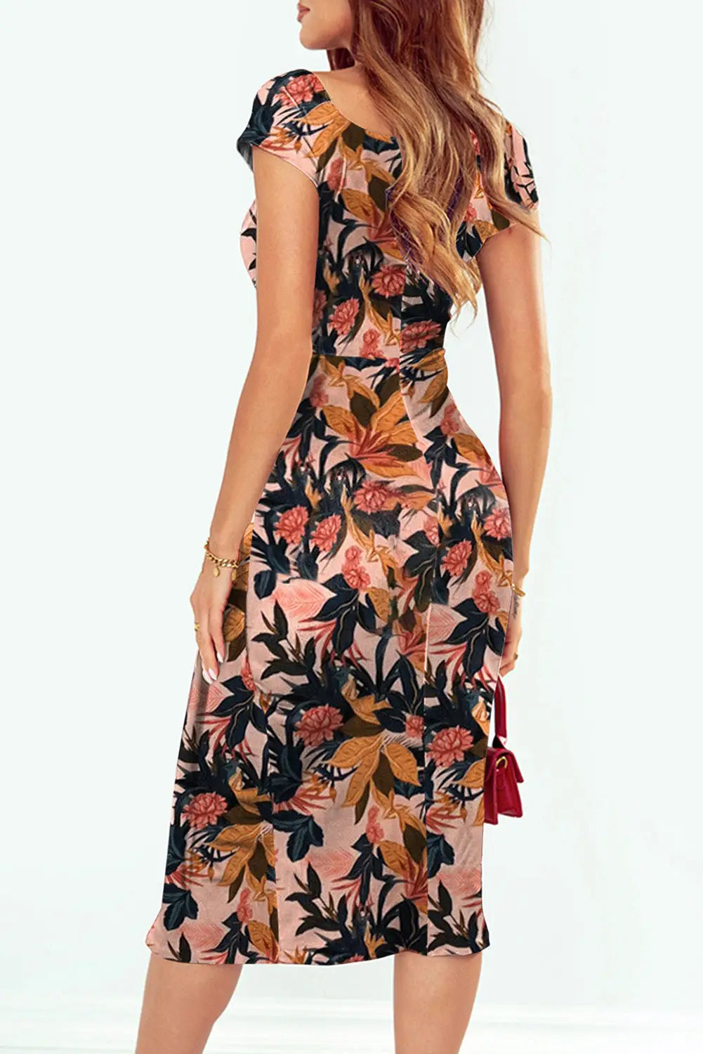 Pink pattern print off shoulder slit bodycon midi dress - dresses
